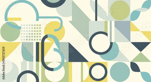 Geometric abstract pattern features shapes in soft, muted colors across a light background