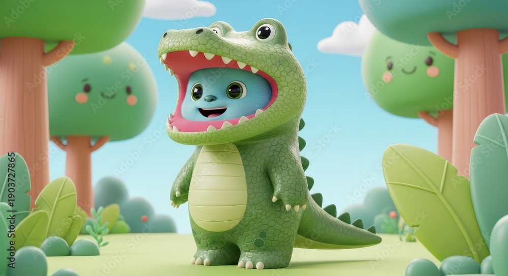 Fototapeta premium Adorable cartoon creature wearing a large reptile costume stands happily in a bright outdoor setting