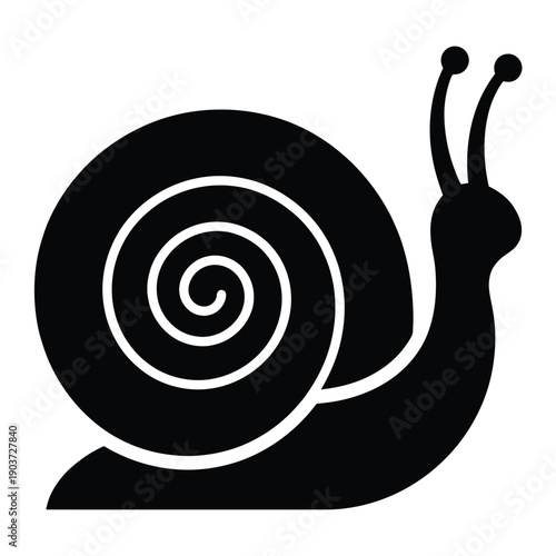 Simple black and white illustration of a snail with a spiraled shell