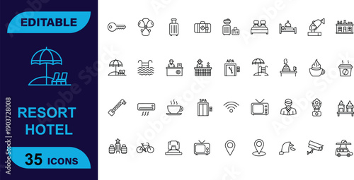 35 Resort Hotel and Summer Vacation Line Icons Featuring Beach Activities, Accommodation Services, and Relaxation Symbols for Travel Agencies