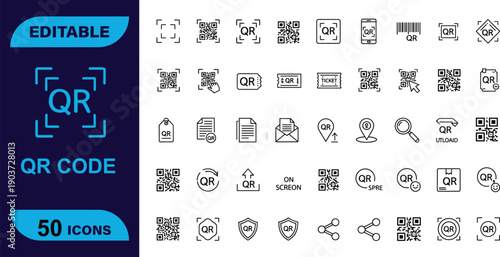 Comprehensive Set of 50 QR Code and Digital Identification Outline Icons Featuring Scan Processes, Mobile Access, and Security Verification Symbols