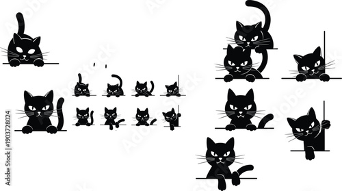 Set of peeking black cat silhouettes cad drawing flat vector illustration, isolated on white background, cute kitten head border elements, feline pet. (Exactly 22 words)