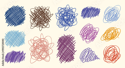 Colorful scribble and hatching textures set in a hand drawn messy pen and marker sketch style. A vector collection for creating abstract backgrounds, patterns, and modern artistic designs.