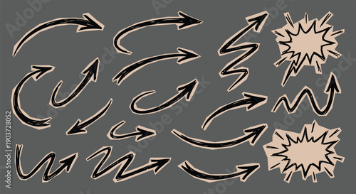 Cut out scrapbook doodle arrows set with a crayon and paper texture in a simple doodle style. A vector illustration collection for presentations, scrapbooking, and creative design projects.