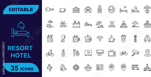 Set of 35 Professional Resort Hotel and Hospitality Outline Icons Illustrating Guest Services, Amenities, and Holiday Leisure Activities for Travel Apps