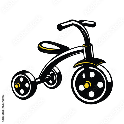 Black and yellow tricycle with three wheels and handlebars