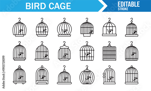 Bird Cage Outline Icon Set Editable Vector