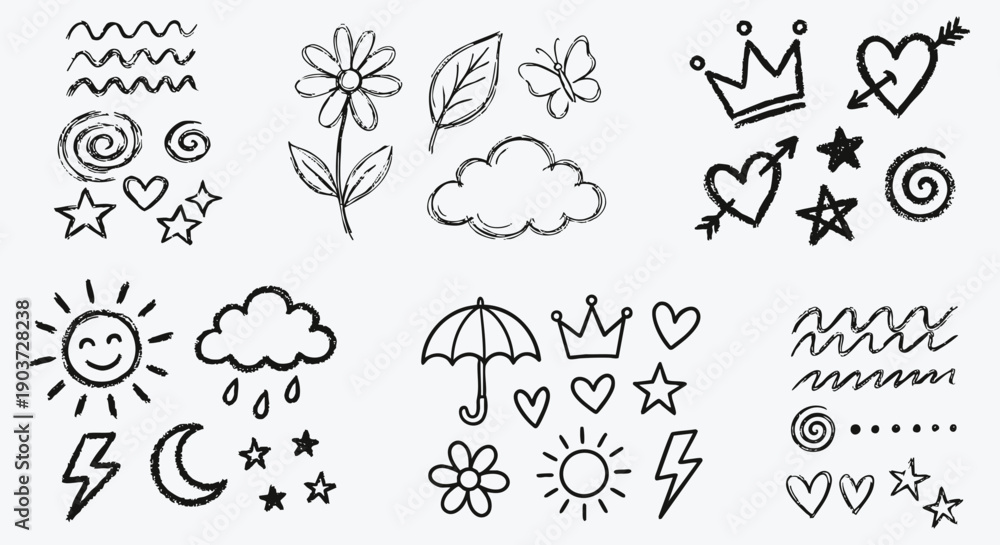 Obraz premium Cute doodle icon set with hand drawn weather, nature and love symbols in a simple black line art style. A vector illustration collection for scrapbooking, journaling, and kids' designs.