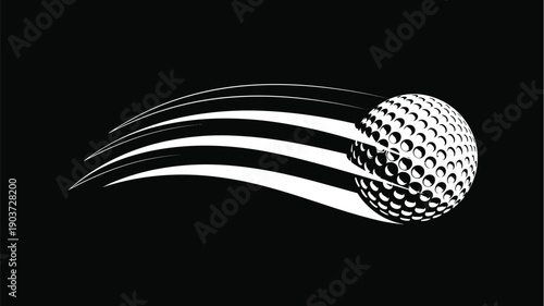 White golf ball flying with speed motion trails isolated on black background, vector sports icon, competitive game equipment, luxury golf club. (Exactly 20 words)