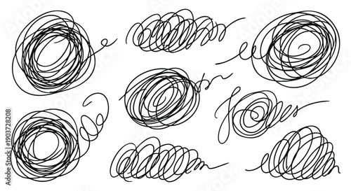 Abstract scribble tangles and chaotic line shapes in a hand drawn messy sketch and doodle style. A vector illustration set for creating modern backgrounds, textures, and artistic designs.