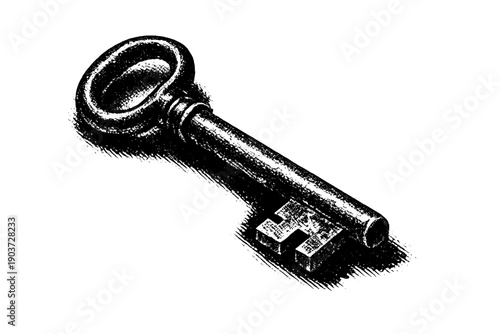 Antique skeleton key shown at a slight angle, black and white halftone dot pattern illustration, heavy shadow areas