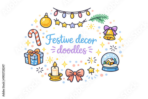 Festive decor doodles. Hand drawn illustration of Festive decor doodles. string lights, bauble ornament, pine branch,