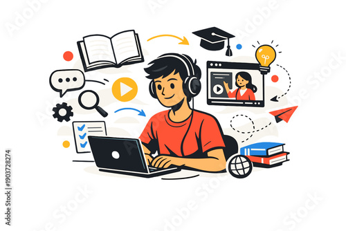 Education and online learning. Student studying at a laptop with floating books, videos, and icons forming a digital