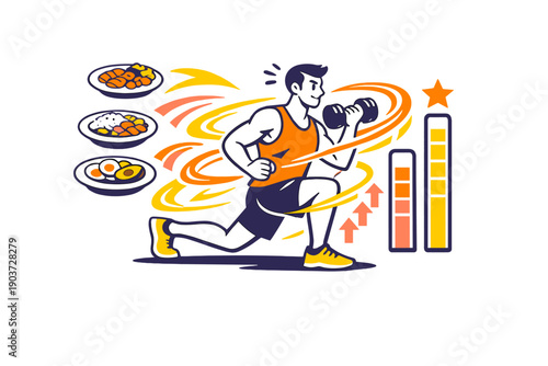 Fueling fitness goals. Plates of food transforming into energy lines around an exercising figure, progress bars rising