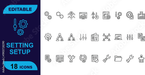 Minimalist Setting and Setup Outline Icons for User Interface and Configuration, Featuring Essential System Tools