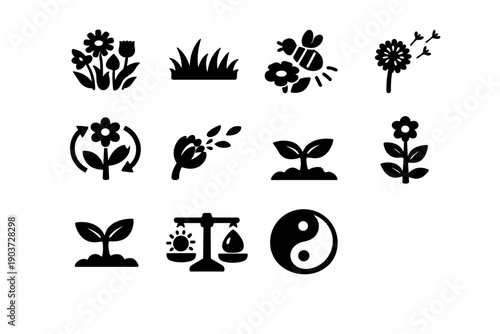 Floral meadow ecosystem. Filled icon set of Floral meadow ecosystem: wildflower mix, grass base, pollination bloom, seed