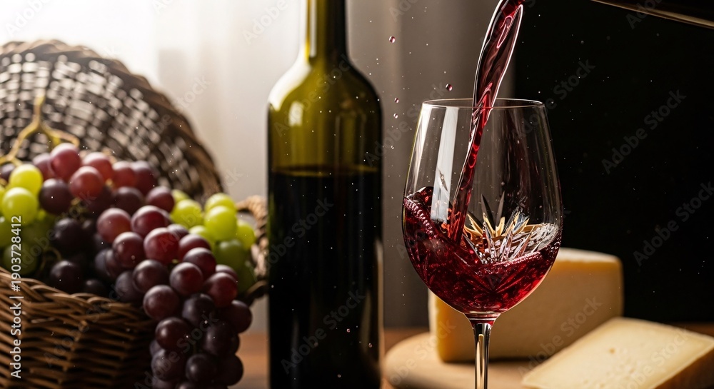 Fototapeta premium Red wine being poured into glass with grapes and bottle in background