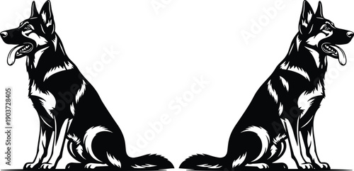 German Shepherd dog sitting silhouettes cad drawing flat vector illustration, isolated on white background, loyal pet companion, guard canine breeds, police dog. (Exactly 22 words)