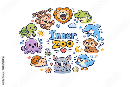 Inner zoo. Hand drawn illustration of Inner zoo. roaring lion heart, crying crocodile, smiling dolphin, anxious meerkat,