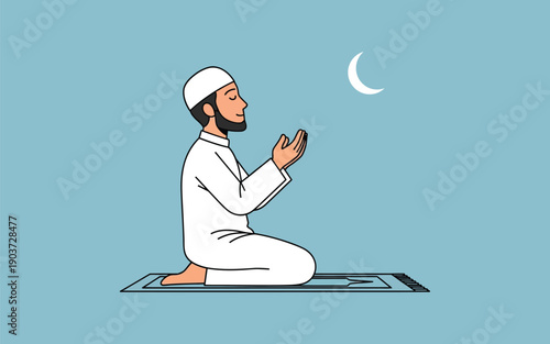Man engaged in prayer under the gentle glow of crescent moon in serene surroundings