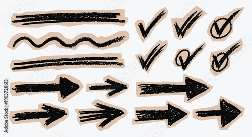 Cut out crayon arrows and checkmarks set with a black crayon and marker texture in a rough sketch style. A vector collection for creating checklists, presentations, and creative design projects.