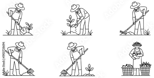 Collection of black and white line art icons illustrating various farming and gardening activities performed by a person wearing a hat and overalls throughout the growing cycle
