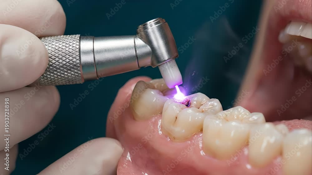 custom made wallpaper toronto digitalClose up view of a dental professional using an advanced laser handpiece to precisely remove decay from a molar tooth, illustrating a modern, minimally invasive caries treatment in stomatology