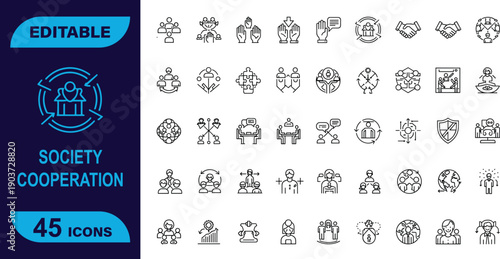 Dynamic Society and Cooperation Outline Icons for Teamwork & Community, Featuring Global Partnership and Collaboration Concepts