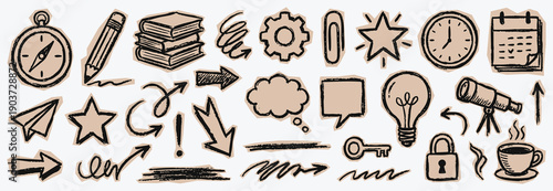 Cut out crayon Hand drawn doodle icon set with various office and creative symbols in a vintage sketch style. A vector collection for presentations, scrapbooking, journaling, and infographic designs.