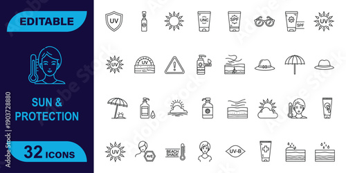 Sun Protection and UV Safety Outline Icons, Featuring Summer Skincare, Beach Essentials, and Health Warnings