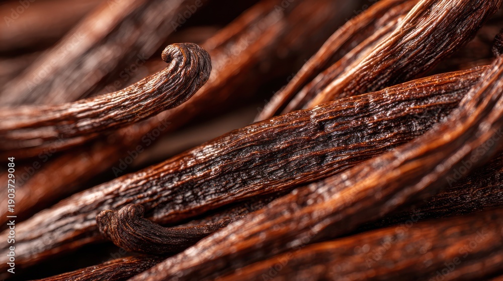 Fototapeta premium Close-up view of dried vanilla pods showcasing rich textures and deep brown colors, ideal for culinary and flavoring applications