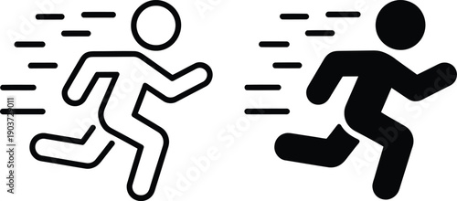 Black and white stick figures running with motion lines