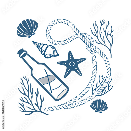 hand drawn vector illustration of a seashell,  line art of  starfish, seashells, rope, and coral. 