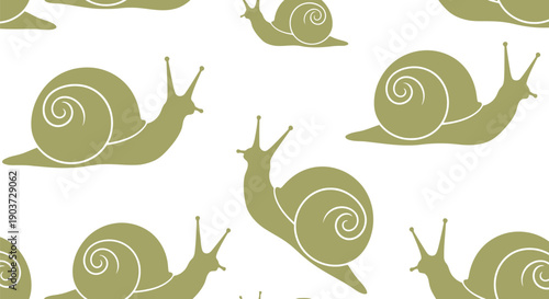 Seamless snail vector clipart pattern in olive green, minimalist animal illustration background