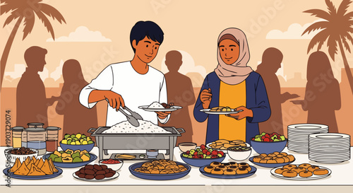 Flat vector illustration depicts a close-up view of several Muslim people queuing to pick up food to break their fast during Ramadan.
