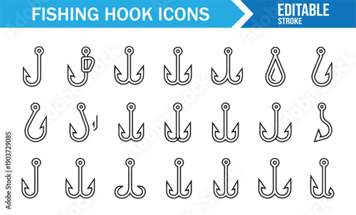 Sport Fishing Hook Minimal Line Illustration Set