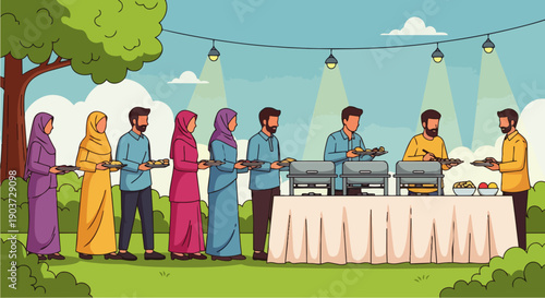Flat Vector illustration A Muslim family is queuing to take food to carry out iftar to break the fast during Ramadan, Iftar outdoors as part of Muslim activities during Ramadan
