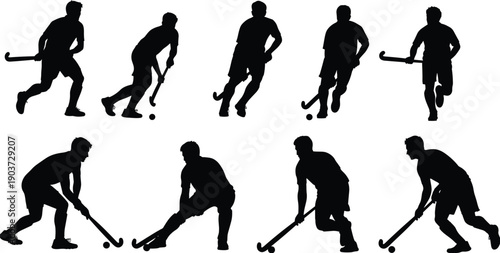 Field hockey players silhouettes cad drawing flat vector illustration, isolated on white background, team sports action poses, professional athlete game competition icons. (Exactly 22 words)
