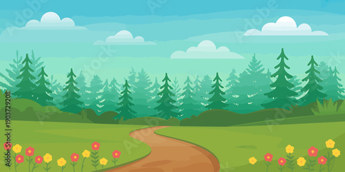 Cartoon landscape with dirt road and trees under blue sky with clouds