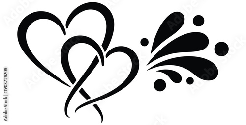 Elegant black and white stylized design featuring two intertwined hearts with decorative flowing splatters perfect for romantic celebrations or tattoo art