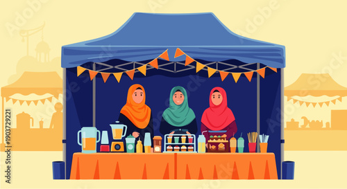 Flat vector illustration depicts food vendors at a Ramadan market during the fasting month, showing daily life, Islamic culture, and the festive atmosphere of Ramadan.