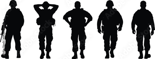 Military, soldier, silhouettes, armed, forces, army, troops, patrol, security, defense, tactical, uniform, combat, mission, teamwork, strength, protection, isolated, black, vector