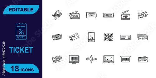 Editable icons for tickets, admissions, and promotions, featuring QR codes, boarding passes, and discount symbols.