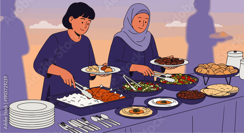 Flat vector illustration depicts a close-up view of several Muslim people queuing to pick up food to break their fast during Ramadan.