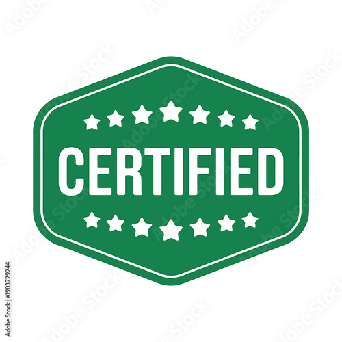Green certified badge with stars on white background for approval and quality guarantee
