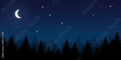 Night sky with crescent moon and stars above silhouette of trees