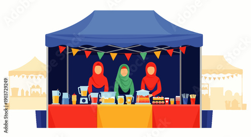 Flat vector illustration depicts food vendors at a Ramadan market during the fasting month, showing daily life, Islamic culture, and the festive atmosphere of Ramadan.