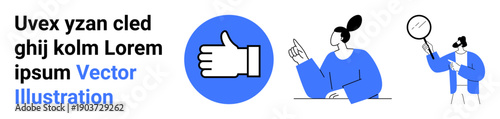 Business communication, teamwork, feedback systems, collaboration, analysis, social media interactions. A thumbs-up hand icon with characters gesturing and examining. Communication and teamwork