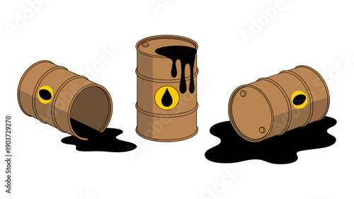 Three brown oil drums with yellow labels and oil spills around them standing isolated on white background