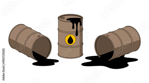 Three brown oil barrels leaking black oil on the ground